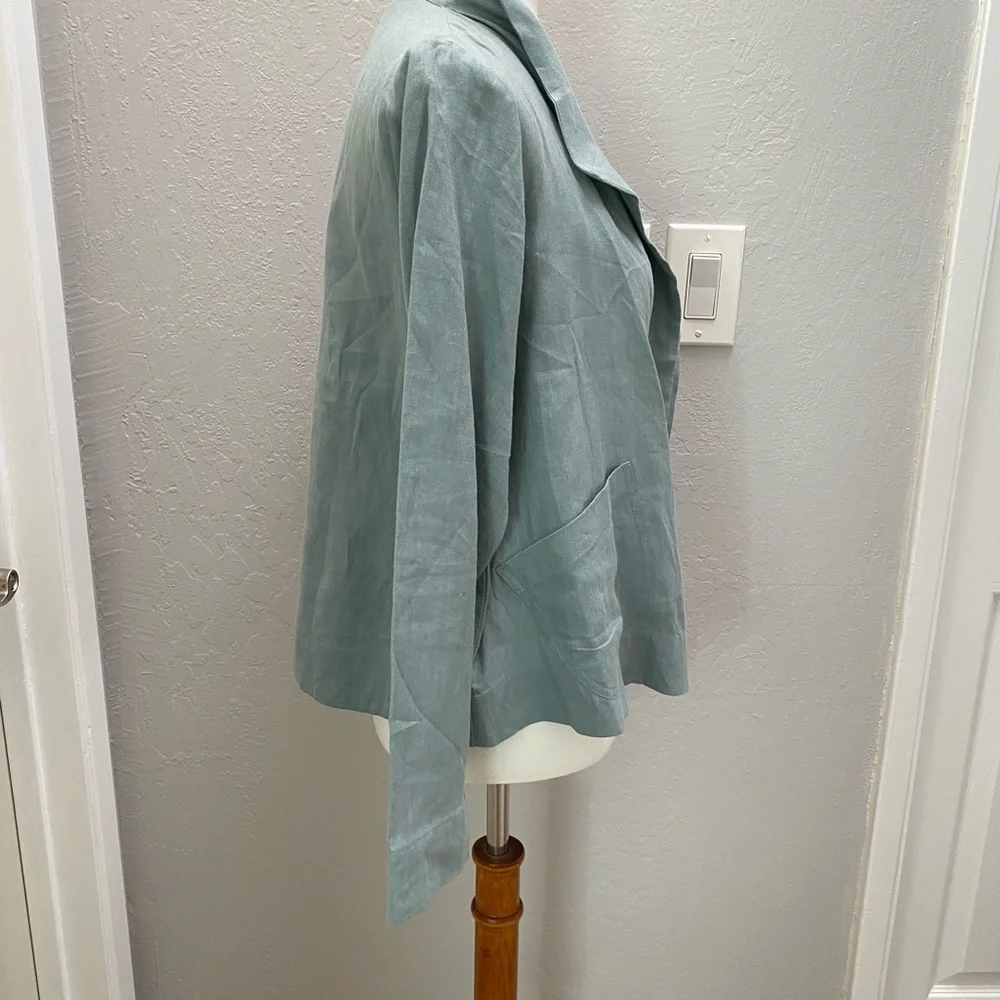 Eileen Fisher Funnel Neck Jacket Spring Linen Petite Small Tarragon Blue Green - Picture 5 of 15